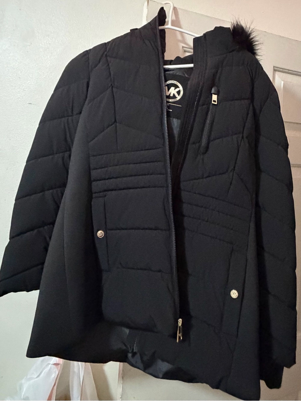 Michael Kors Black Quilted Hooded Puffer with Faux-Fur Accent
